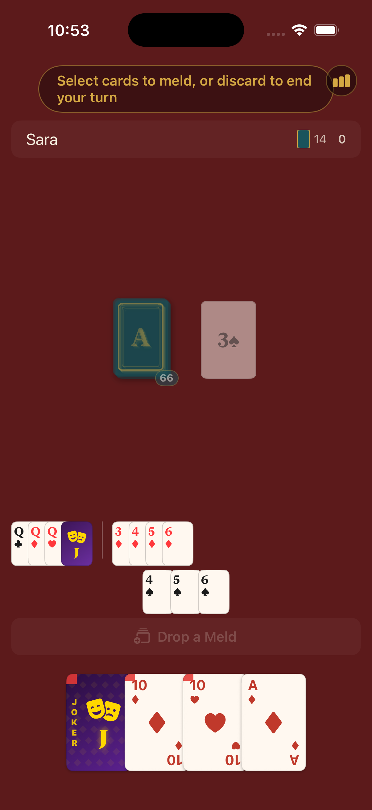 Arbatash gameplay screen showing a joker used inside a meld.