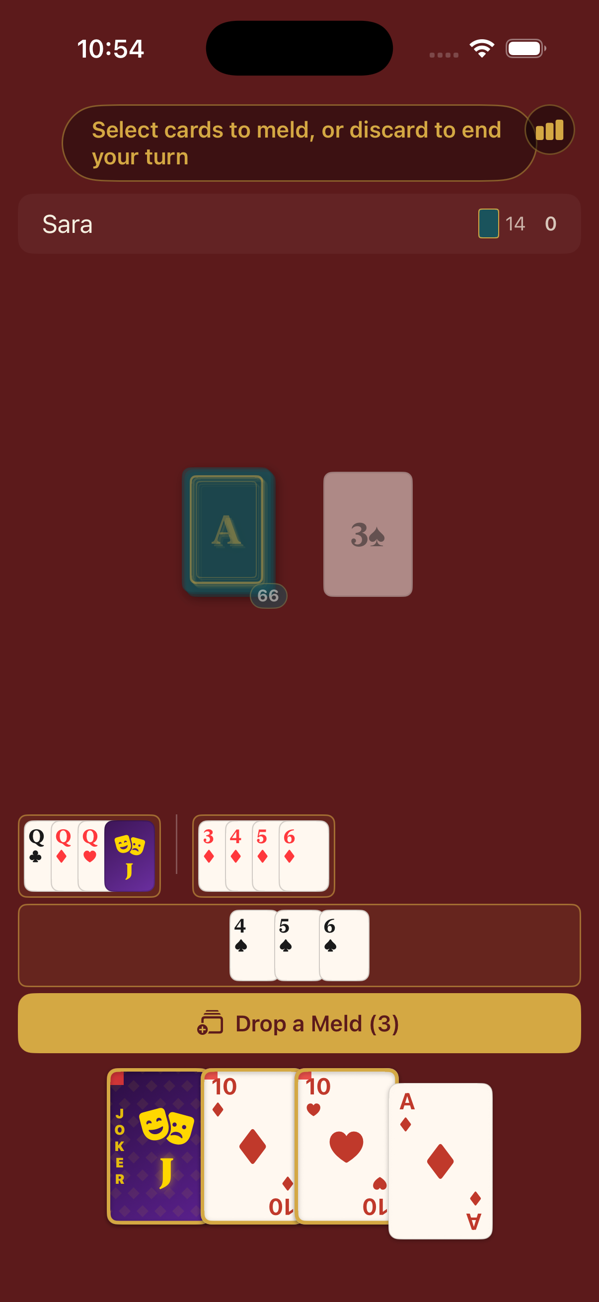 Arbatash gameplay screen with selected cards and an active Drop a Meld button.