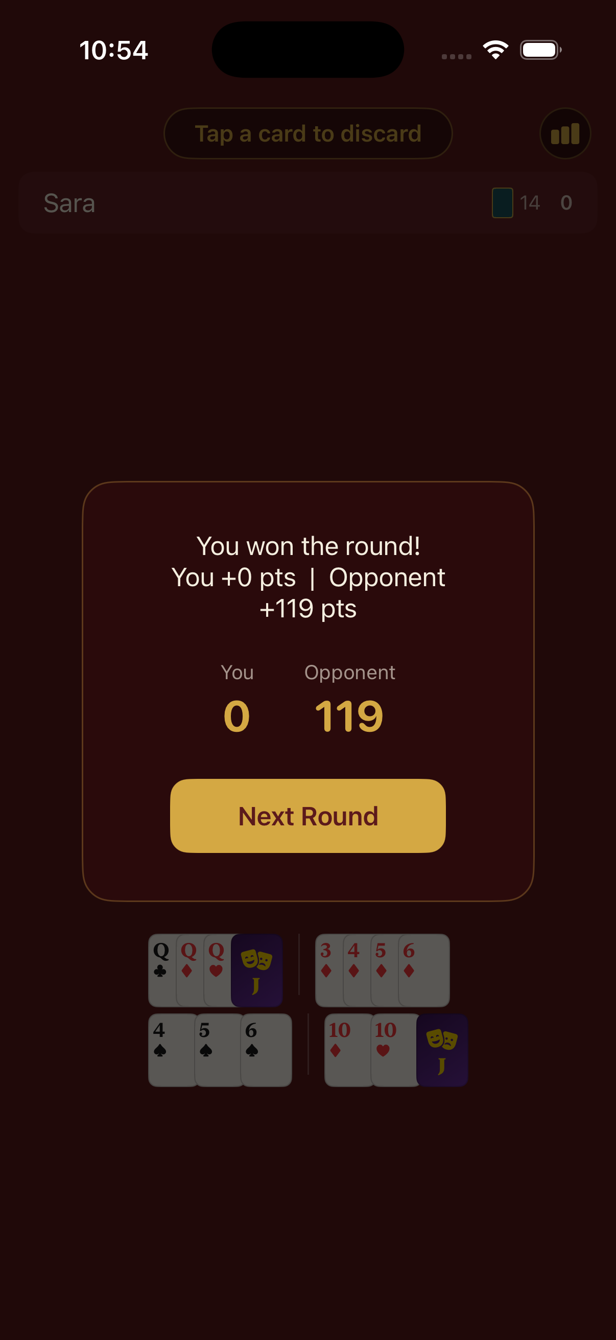 Arbatash round results screen showing a round win and point totals.